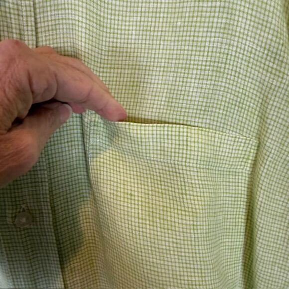 Hickey Freeman Linen Italian Shirt Button Front Green White Size Large - Picture 3 of 9